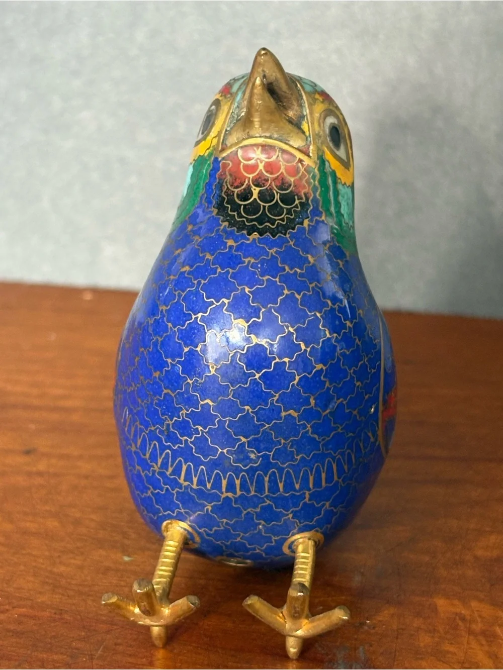 Blue Multicolor Chinese Cloisonné Bird Figurine - Decorative Chinoiserie Piece